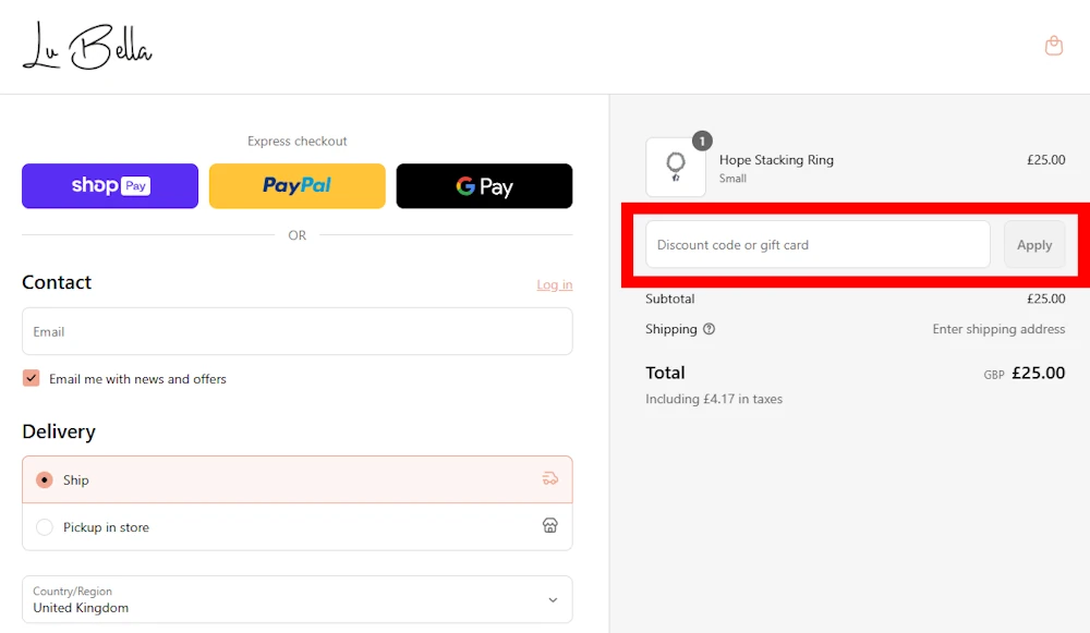 Screenshot of where to enter a Lu Bella discount code on lubella.co.uk