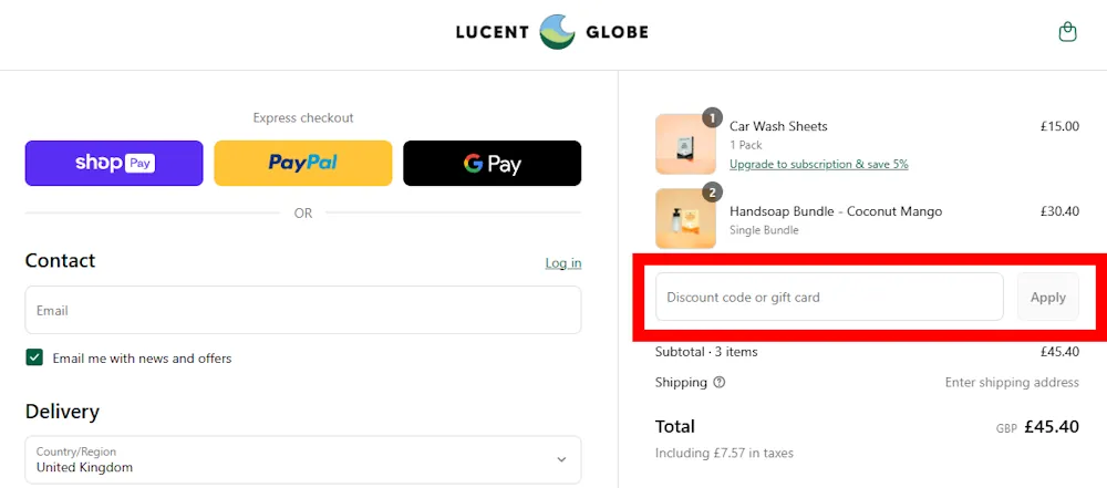 Screenshot showing where to apply a Lucent Globe promo code during checkout on lucentglobe.com.