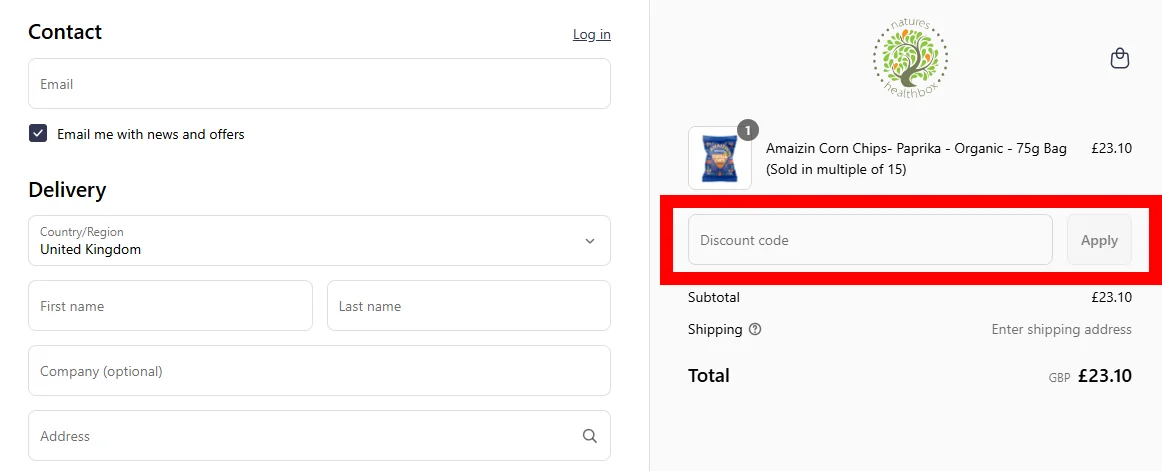 Screenshot where to use a Natures Healthbox discount code on www.natureshealthbox.co.uk