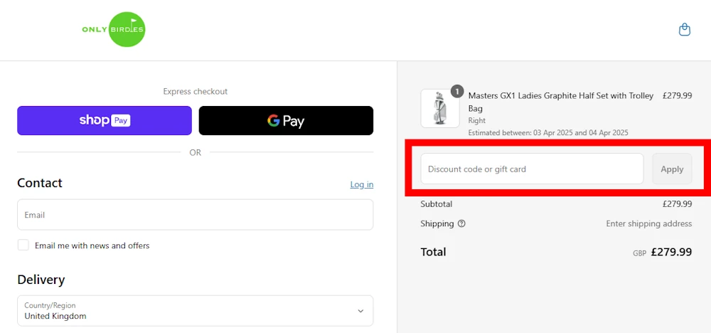 Screenshot of where to enter a Only Birdies discount code on onlybirdies.co.uk.