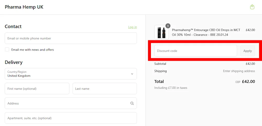 Screenshot showing where to apply a PharmaHemp discount code during checkout on pharma-hemp.co.uk.