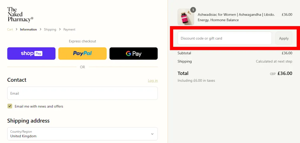 Screenshot showing where to apply a The Naked Pharmacy discount code during checkout on www.thenakedpharmacy.com.