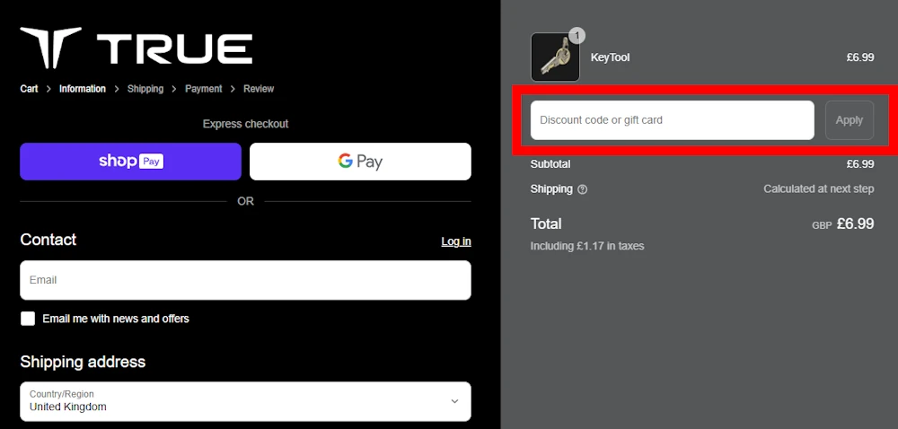 Screenshot of how to enter a True Utility discount code on trueutility.com