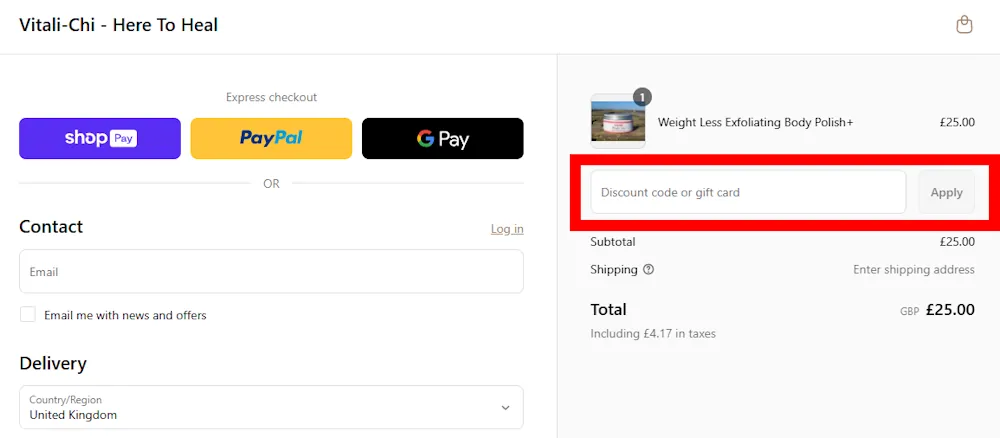 Screenshot showing where to apply a Vitali-Chi discount code during checkout on www.vitali-chi.co.