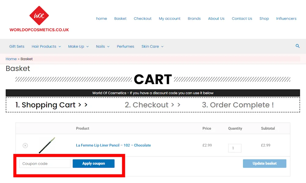 Screenshot showing where to apply a World Of Cosmetics discount code during checkout on www.worldofcosmetics.co.uk.