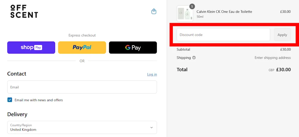 Screenshot showing where to apply a offscent promo code during checkout on offscent.co.uk.
