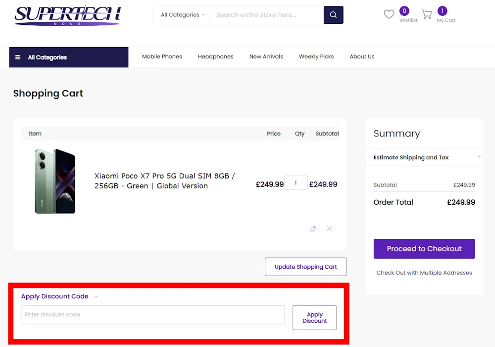 Screenshot showing where to apply a SuperTechnova promo code during checkout on www.supertechnova.com.