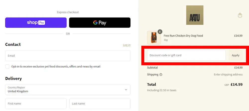 Screenshot showing where to apply a AATU promo code during checkout on aatu.co.uk.