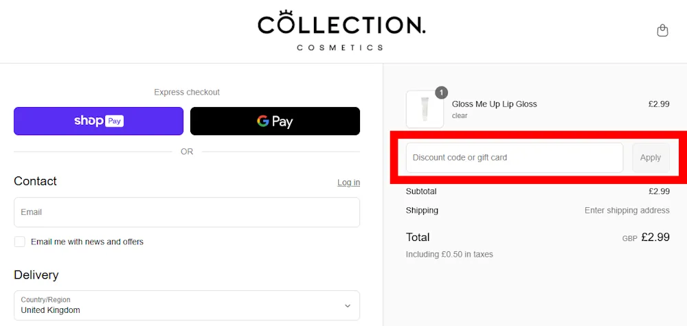 Screenshot showing where to apply a Collection Cosmetics promo code during checkout on www.collectioncosmetics.com.