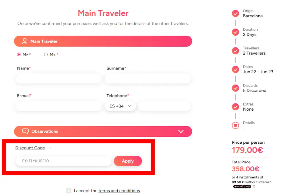 Screenshot showing where to apply a flykube promo code during checkout on flykube.com.