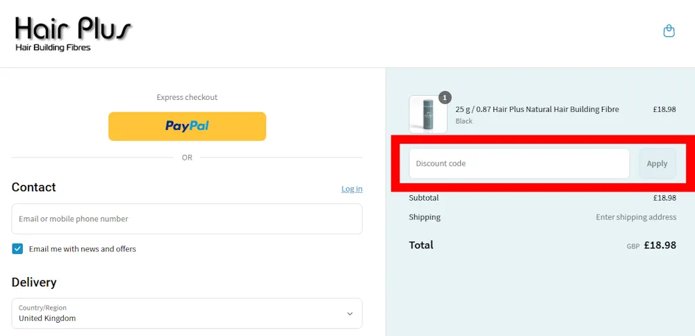 Screenshot showing where to apply a Hair Plus promo code during checkout on hair-plus.co.uk.