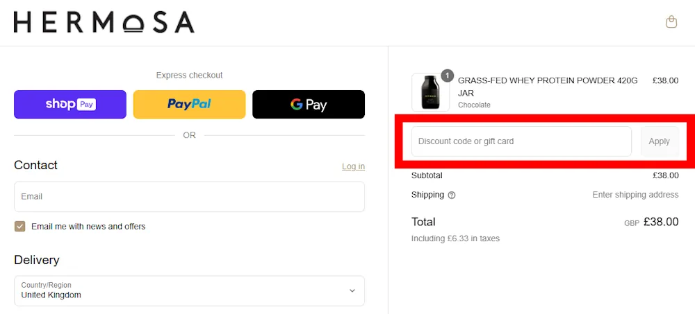 Screenshot showing where to apply a HERMOSA promo code during checkout on livehermosa.com.