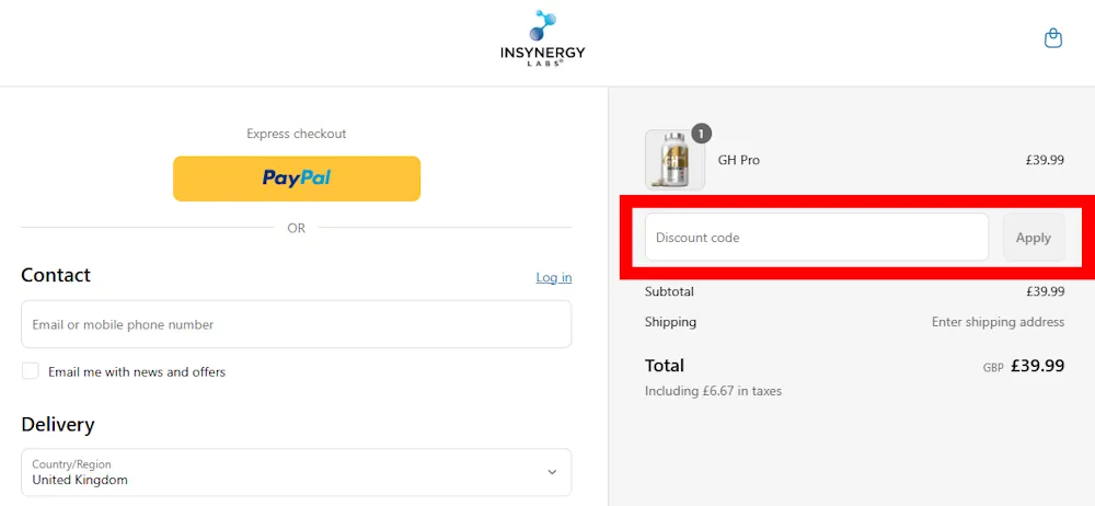 Screenshot showing where to apply a Insynergy Labs promo code during checkout on www.insynergy-labs.com.