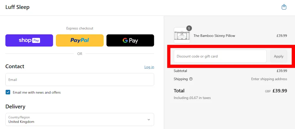 Screenshot showing where to apply a Luff Sleep promo code during checkout on luffsleep.co.uk.
