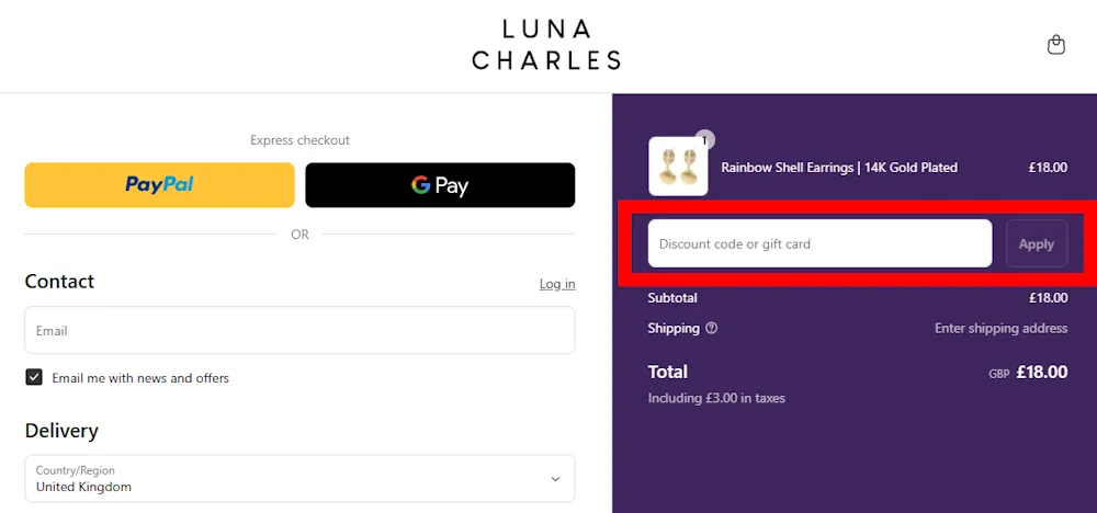 Screenshot showing where to apply a Luna Charles promo code during checkout on lunacharles.co.uk.