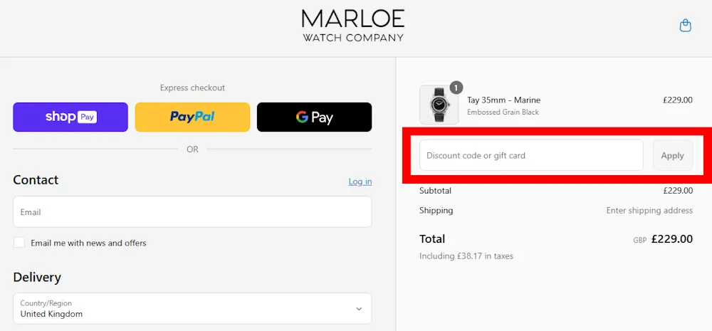 Screenshot showing where to apply a Marloe Watch Company promo code during checkout on www.marloewatchcompany.com.
