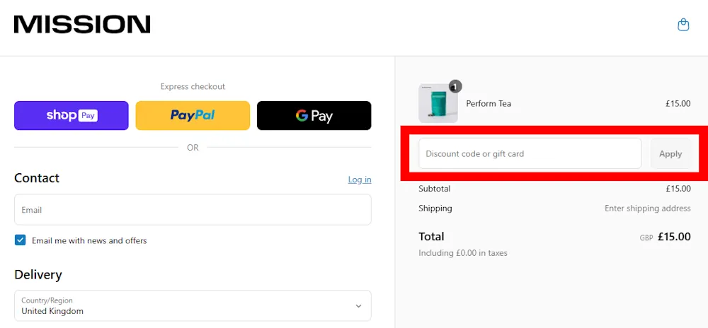 Screenshot showing where to apply a Mission promo code during checkout on drink-mission.com.