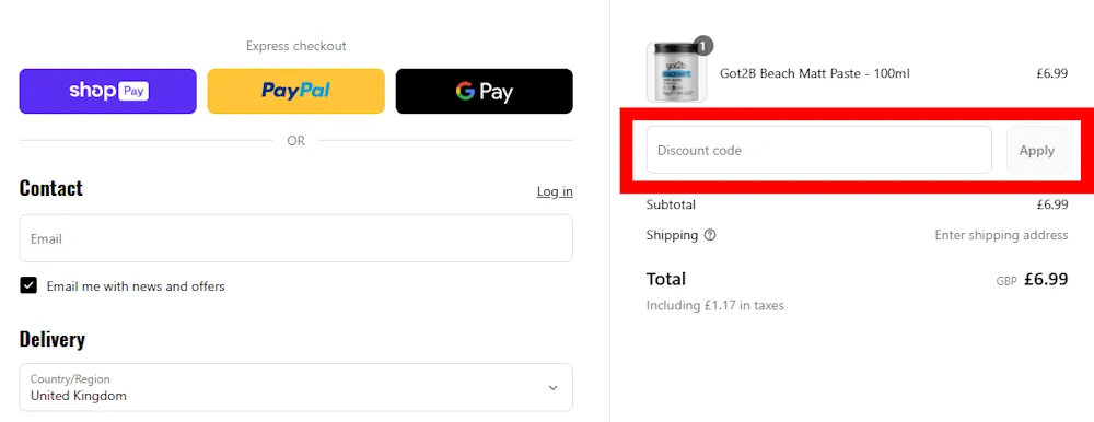Screenshot showing where to apply a MyBeautyBoutique promo code during checkout on mybeauty.boutique.