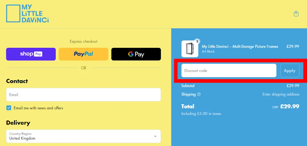 Screenshot showing where to apply a MyLittleDavinci promo code during checkout on www.mylittledavinci.co.uk.