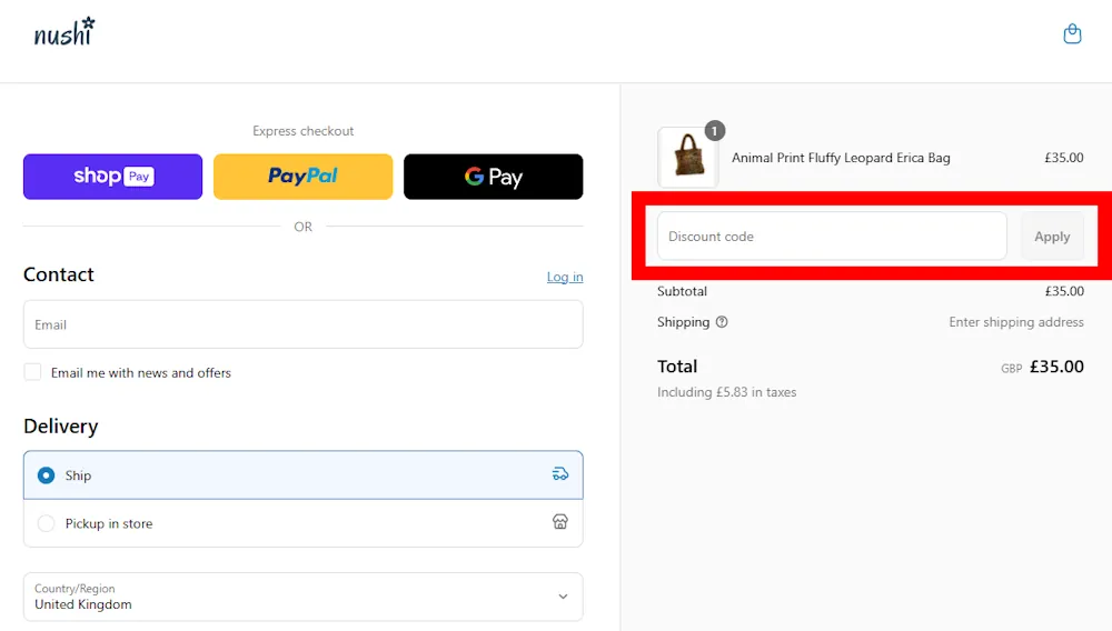 Screenshot showing where to apply a Nushi promo code during checkout on www.nushibag.co.uk.
