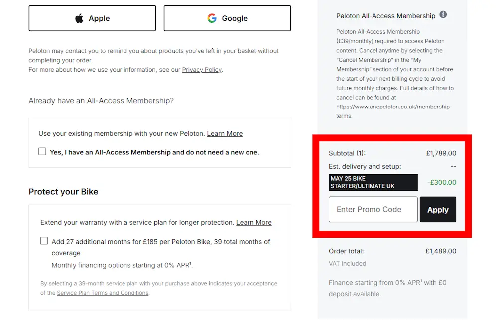 Screenshot showing where to apply a Peloton promo code during checkout on www.onepeloton.com.
