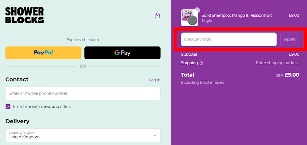 Screenshot showing where to apply a Shower Blocks promo code during checkout on www.showerblocks.com.