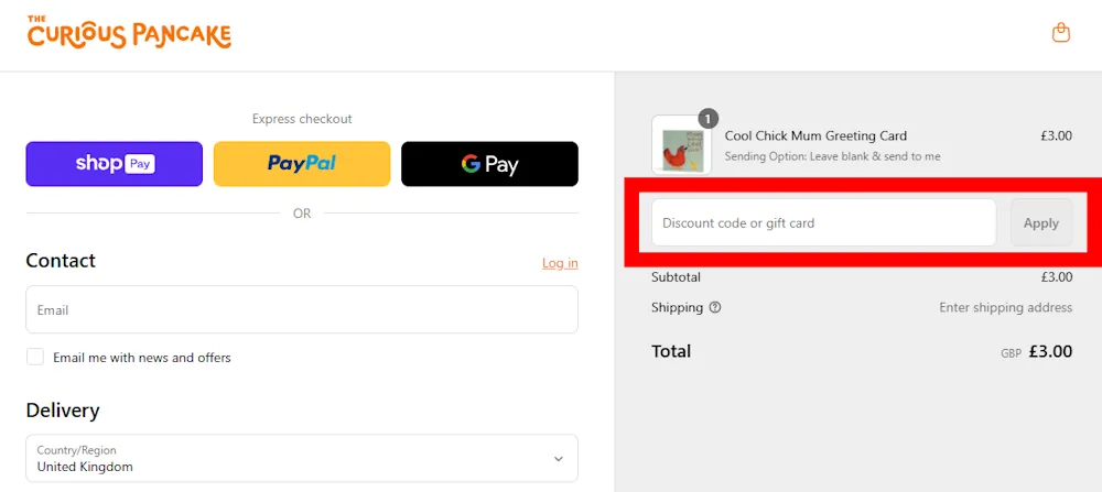Screenshot showing where to apply a The Curious Pancake promo code during checkout on www.thecuriouspancake.co.uk.