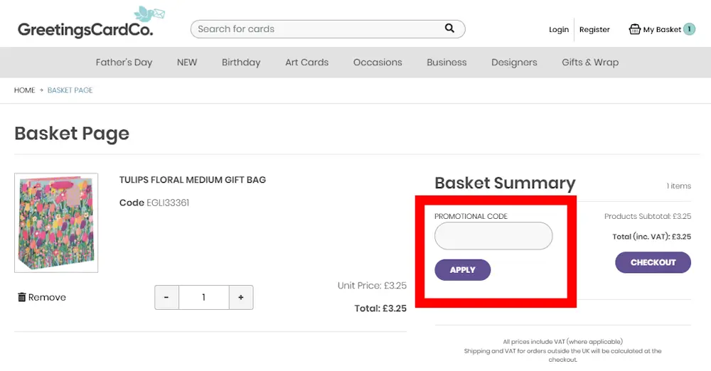 Screenshot showing where to apply The Greetings Card Company promo code during checkout on www.greetingscards.co.uk.