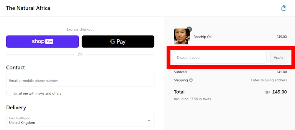 Screenshot showing where to apply a The Natural Africa promo code during checkout on thenaturalafrica.com.