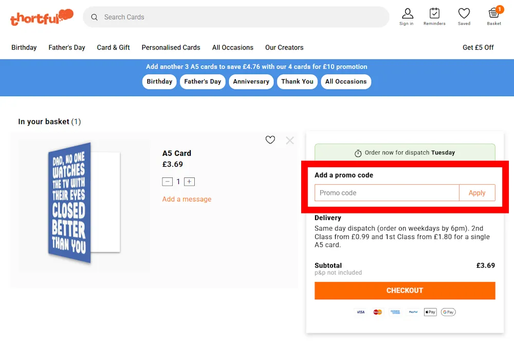 Screenshot showing where to apply a thortful promo code during checkout on www.thortful.com.
