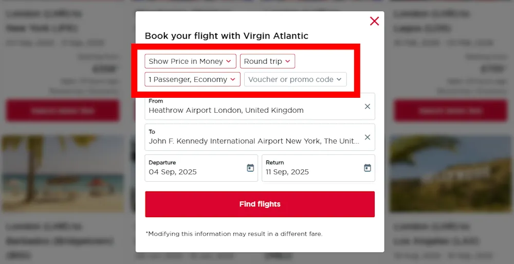 Screenshot showing where to apply a Virgin Atlantic promo code during checkout on www.virginatlantic.com.