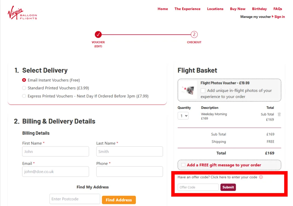 Screenshot showing where to apply a Virgin Balloon Flights promo code during checkout on www.virginballoonflights.co.uk.