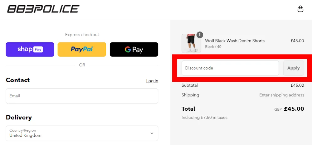 Screenshot showing where to apply a 883 Police code at checkout on www.883police.com.