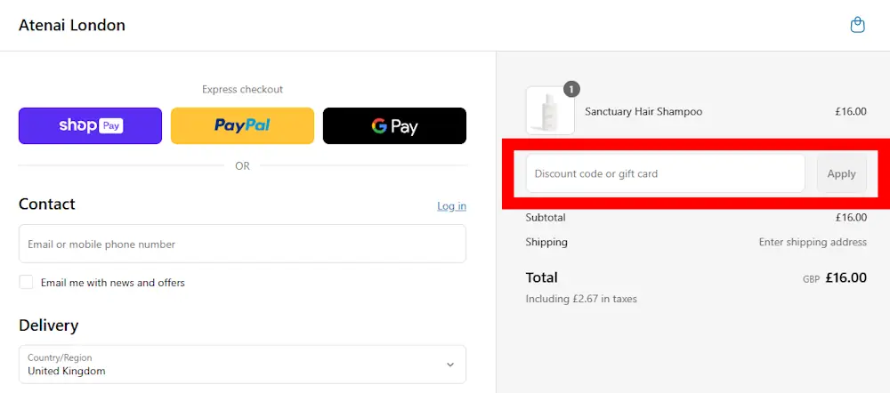 Screenshot showing where to apply a Atenai promo code during checkout on atenailondon.com.