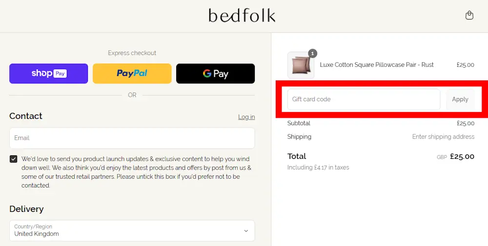 Screenshot showing where to apply a Bedfolk promo code during checkout on bedfolk.com.