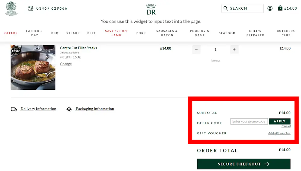 Screenshot showing where to apply a Donald Russell promo code during checkout on donaldrussell.com.