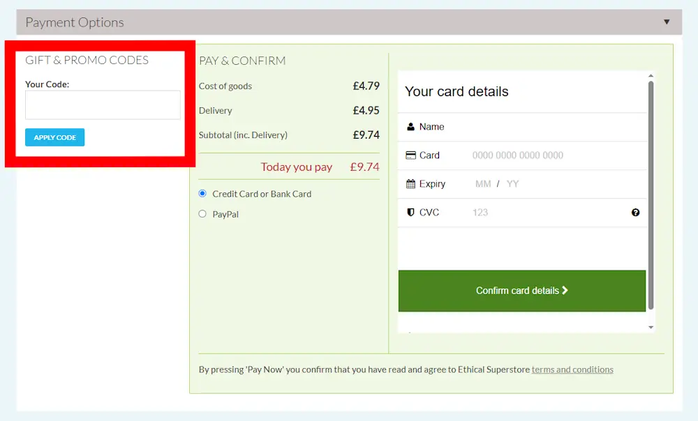Screenshot showing where to apply a Ethical Superstore promo code during checkout on www.ethicalsuperstore.com.