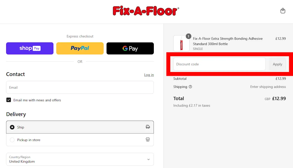 Screenshot showing where to apply a Fix-A-Floor promo code at checkout on www.fixafloor.co.uk.