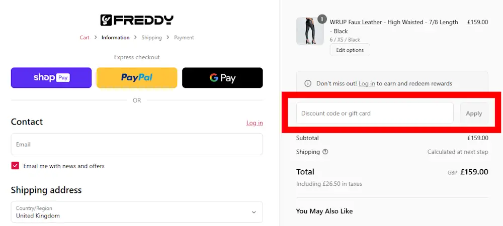 Screenshot showing where to apply a Freddy UK promo code during checkout on freddystore.co.uk.