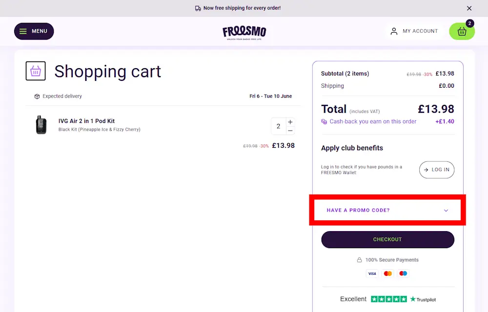 Screenshot showing where to apply a Freesmo promo code during checkout on www.freesmo.co.uk.