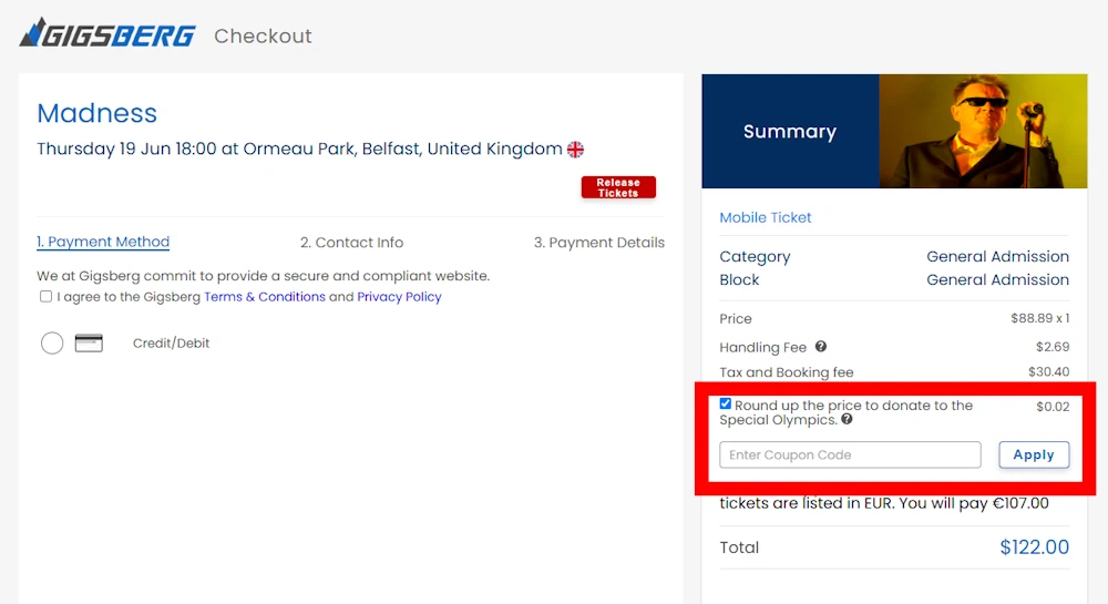 Screenshot showing where to apply a Gigsberg promo code during checkout on www.gigsberg.com.