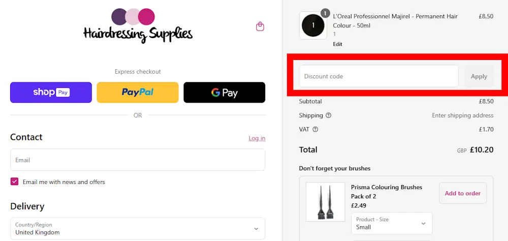 Screenshot showing where to apply a Hairdressing Supplies promo code during checkout on hairdressingsupplies.com.