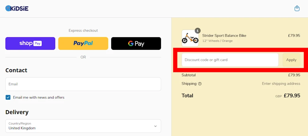 Screenshot showing where to apply a KiDSiE promo code during checkout on kidsie.com.