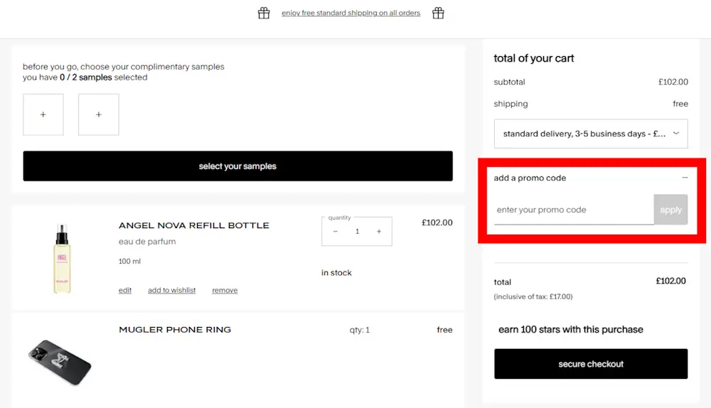 Screenshot showing where to apply a mugler promo code at checkout on www.mugler.co.uk.