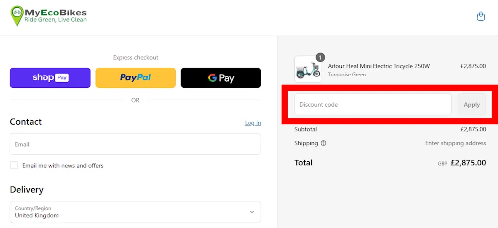 Screenshot showing where to apply a MyEcoBikes promo code at checkout on www.myecobikes.com.