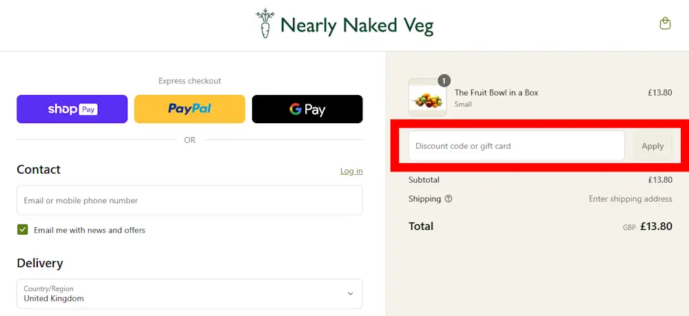 Screenshot showing where to apply a Nearly Naked Veg promo code during checkout on nearlynakedveg.co.uk.