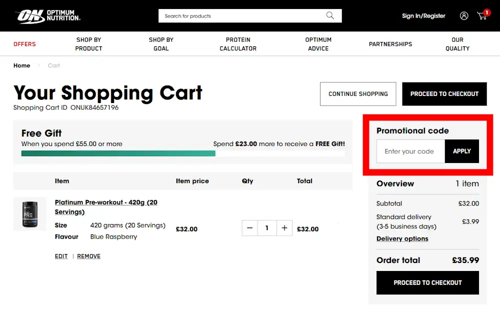 Screenshot showing where to apply a Optimum Nutrition promo code during checkout on www.optimumnutrition.com.