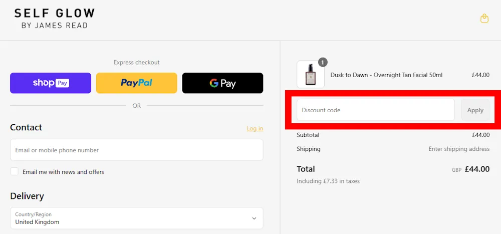Screenshot showing where to apply a James Read promo code at checkout on www.jamesreadglow.com.