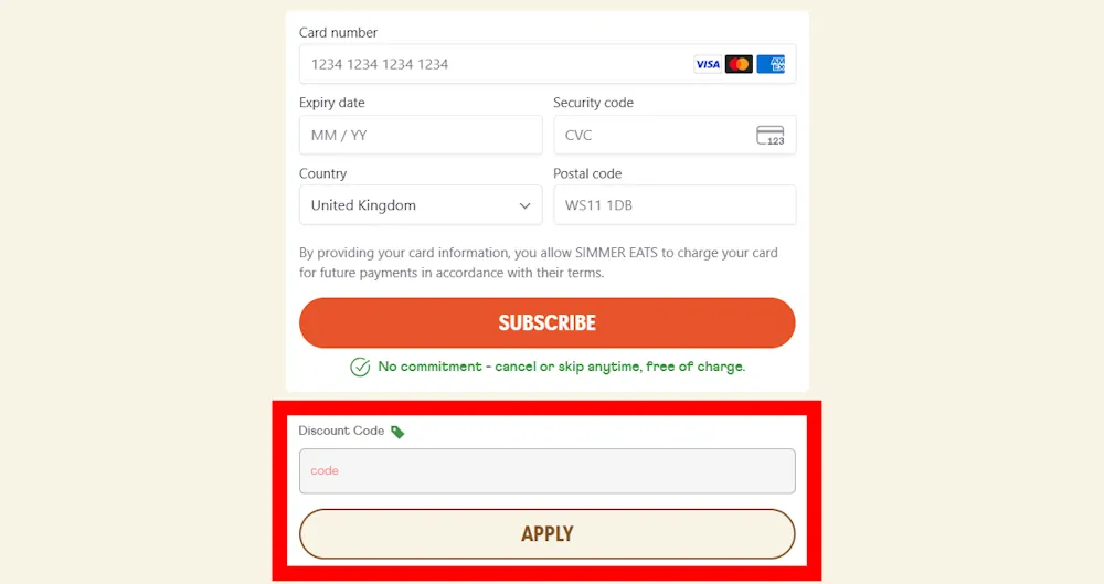 Screenshot showing where to apply a Simmer promo code during checkout on www.simmereats.com.