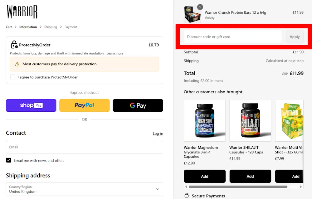 Screenshot showing where to apply a Warrior promo code during checkout on teamwarrior.com.
